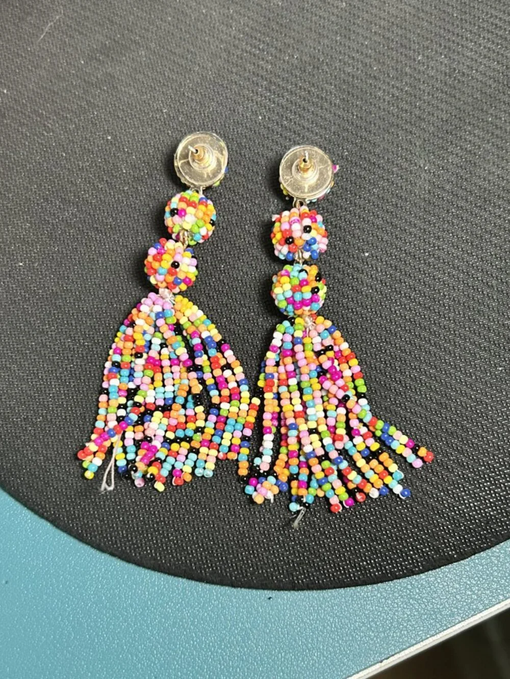 Multi Color Seed Bead Tiered Ball Tassel Dangle Statement Earrings